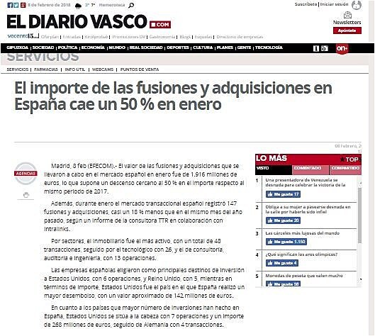 El importe de las fusiones y adquisiciones en Espaa cae un 50 % en enero